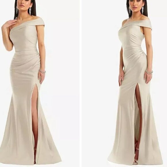 NWT, Cynthia & Sahar XL Luz, One-Shoulder Stretch Satin Mermaid Dress, Champagne - Picture 3 of 13